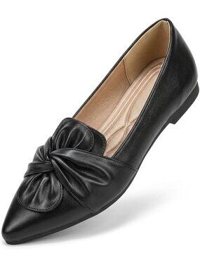 Women's Black Pointed Toe Ballet Flats Mesh Pu Leather Pull On Dressy Shoes